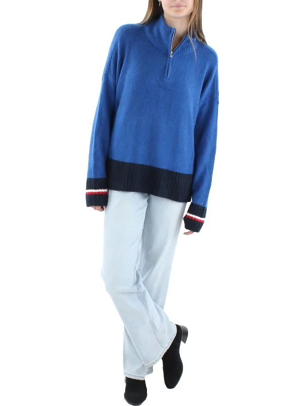Womens Half-Zip Colorblock Mock Turtleneck Sweater Cotton Fabric Linen Fabric Terry Fabric Womens Half-Zip Colorblock Mock Turtleneck Sweater Cotton Fabric Linen Fabric Terry Fabric
