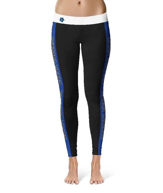 Cal State San Marcos Cougars Game Day Blue Stripes Black Yoga Leggings for Women by Vive La Fete