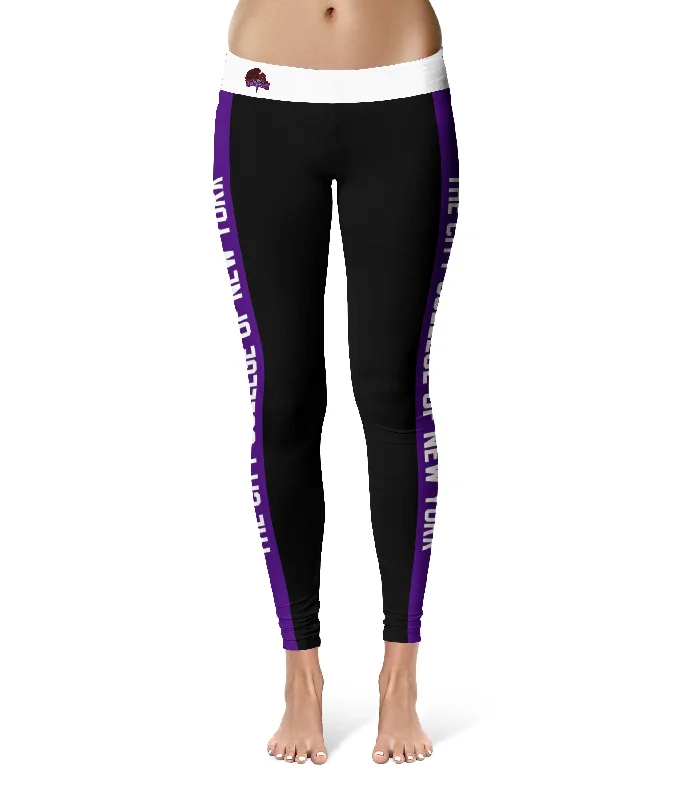 City College of New York CCNY Beavers Purple Stripes Black Yoga Leggings for Women by Vive La Fete