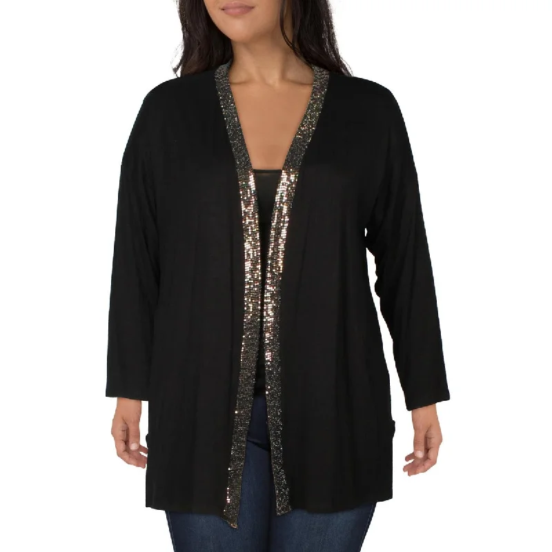 Coin 1804 Womens Plus Sequined Open Front Cardigan Sweater