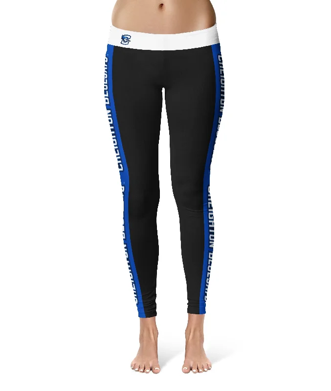 Creighton University Bluejays Game Day Blue Stripes Black Yoga Leggings for Women by Vive La Fete