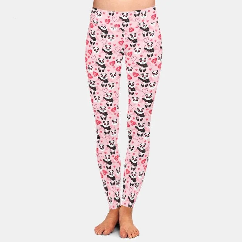 Ladies 3D Valentine's Day Pandas & Hearts Printed Leggings