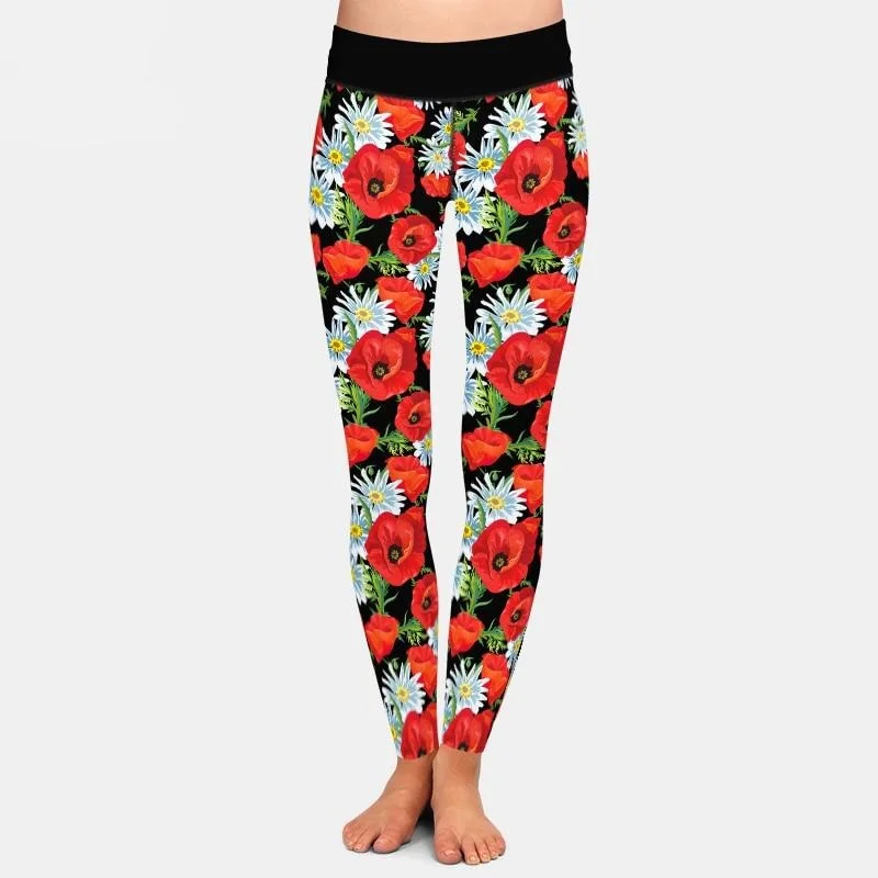 Ladies Beautiful Black Poppy Flowers Printed Leggings