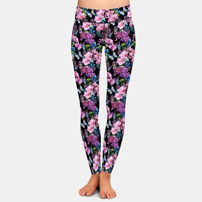 Ladies Beautiful Flowers Printed High Waist Leggings