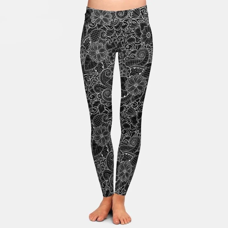 Ladies Black With White Lace Printed Leggings Trendy Spandex Leggings