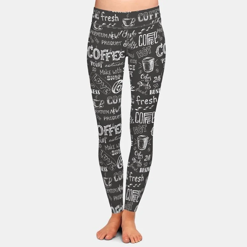 Ladies Blackboard Hand-Painted Coffee Printed Leggings