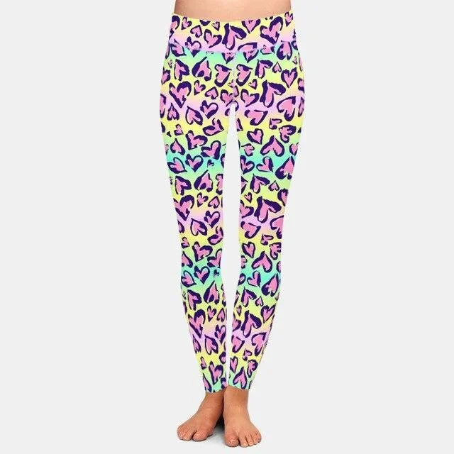 Ladies Colourful Pastel Leopard Hearts Printed Leggings