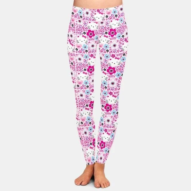 Ladies Cute 3D Cartoon Cat & Flowers Patterned Leggings