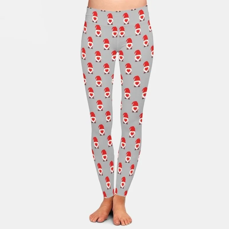 Ladies Cute Valentines Gnomes In Red Hats Printed Leggings