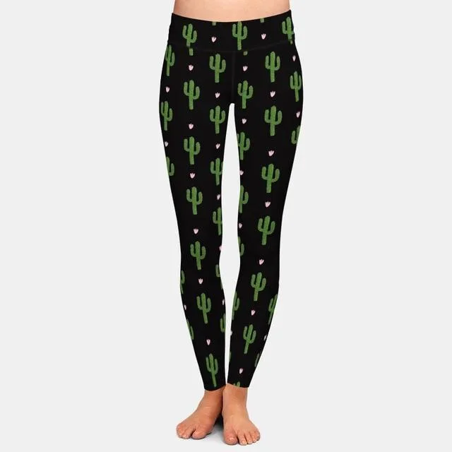 Ladies Fashion Cactus Printed Brushed Leggings