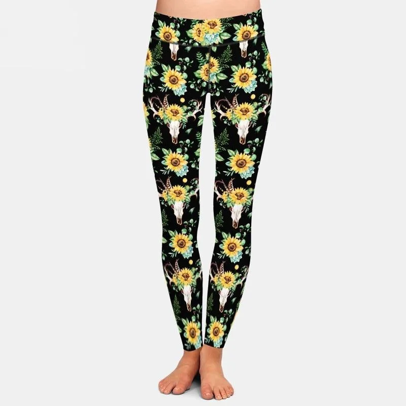 Ladies Sunflowers & Skulls/Horns Patterned Leggings