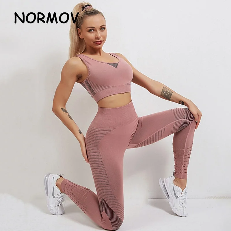 NORMOV  High Elasticity Sports Set Women Gym High Waist Fitness Workout Leggings Seamless Sports Suit Sportswear Activewear Suit