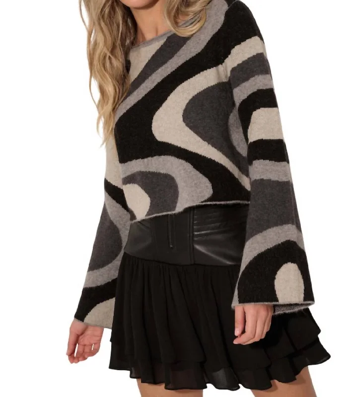 Swirl Raw Edge Bell Sleeve Sweater In Black/grey