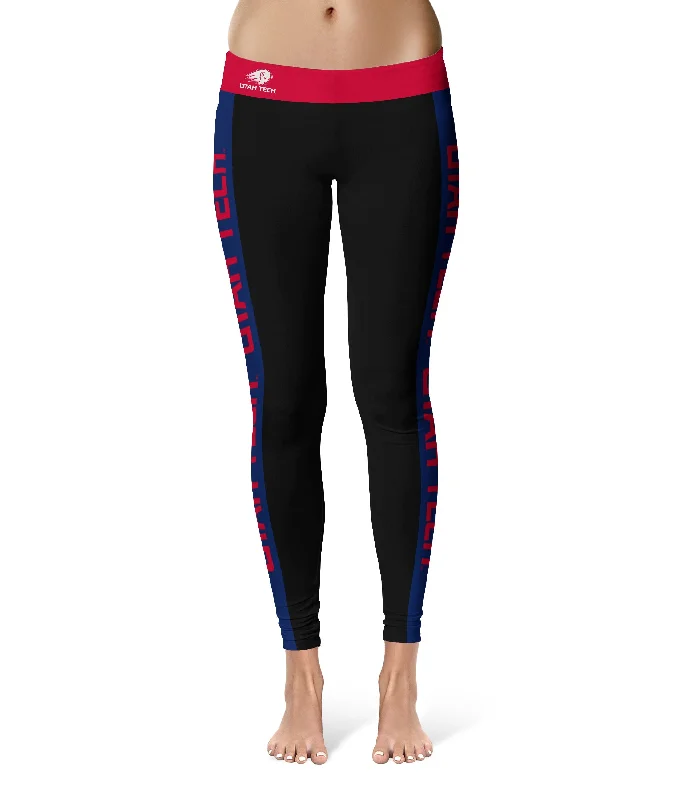 Utah Tech University Trailblazers Game Day Blue Stripes Black Yoga Leggings for Women by Vive La Fete