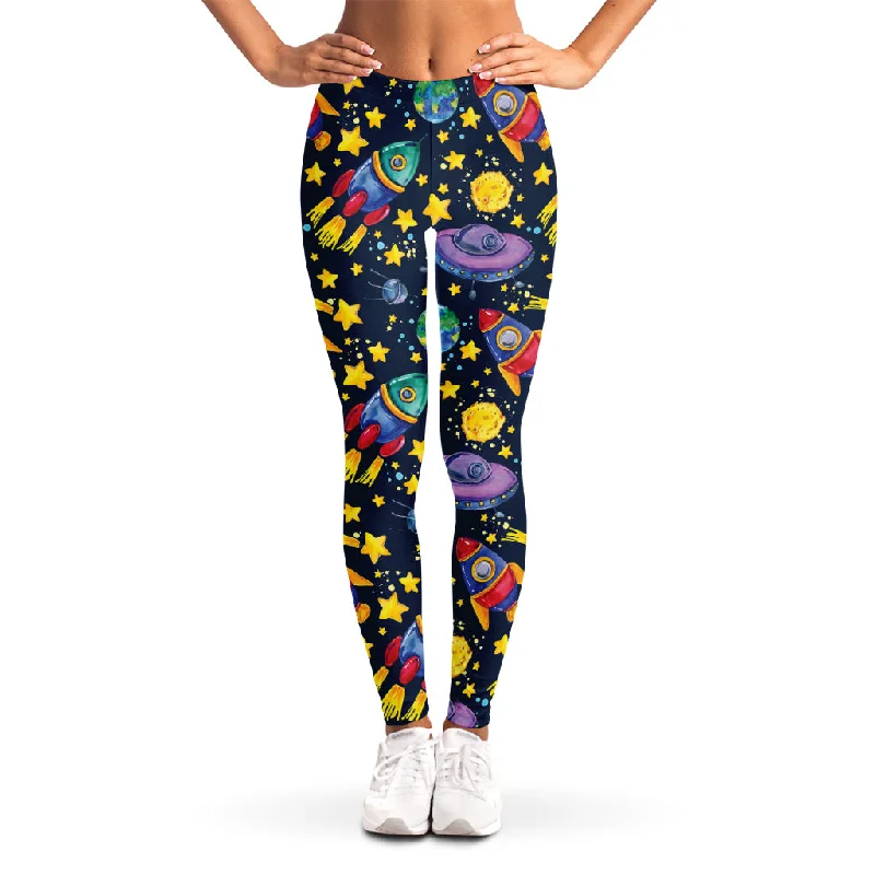 Watercolor Rocket Pattern Print Women's Leggings