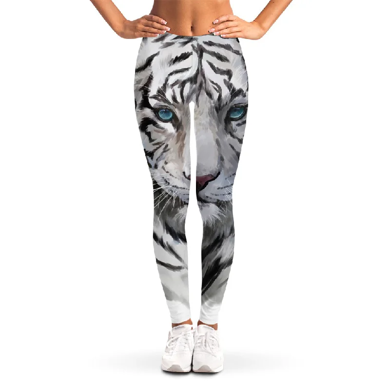 Watercolor White Bengal Tiger Print Women's Leggings