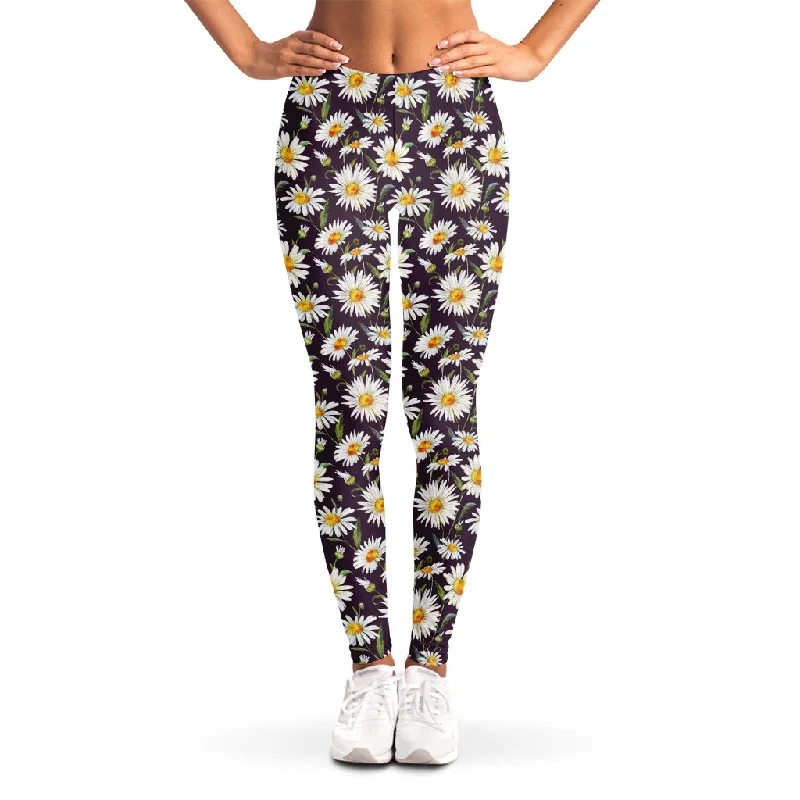 Watercolor White Daisy Pattern Print Women's Leggings