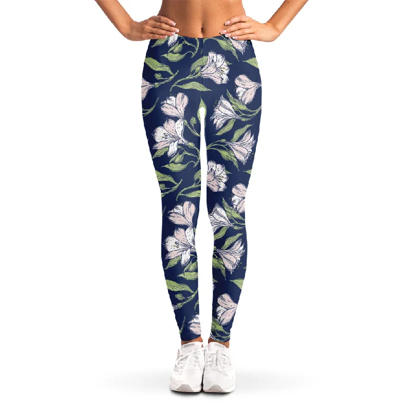 White Alstroemeria Pattern Print Women's Leggings