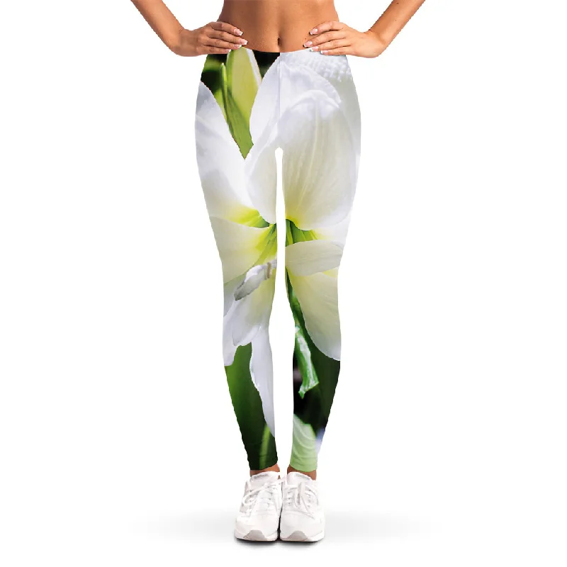 White Amaryllis Print Women's Leggings