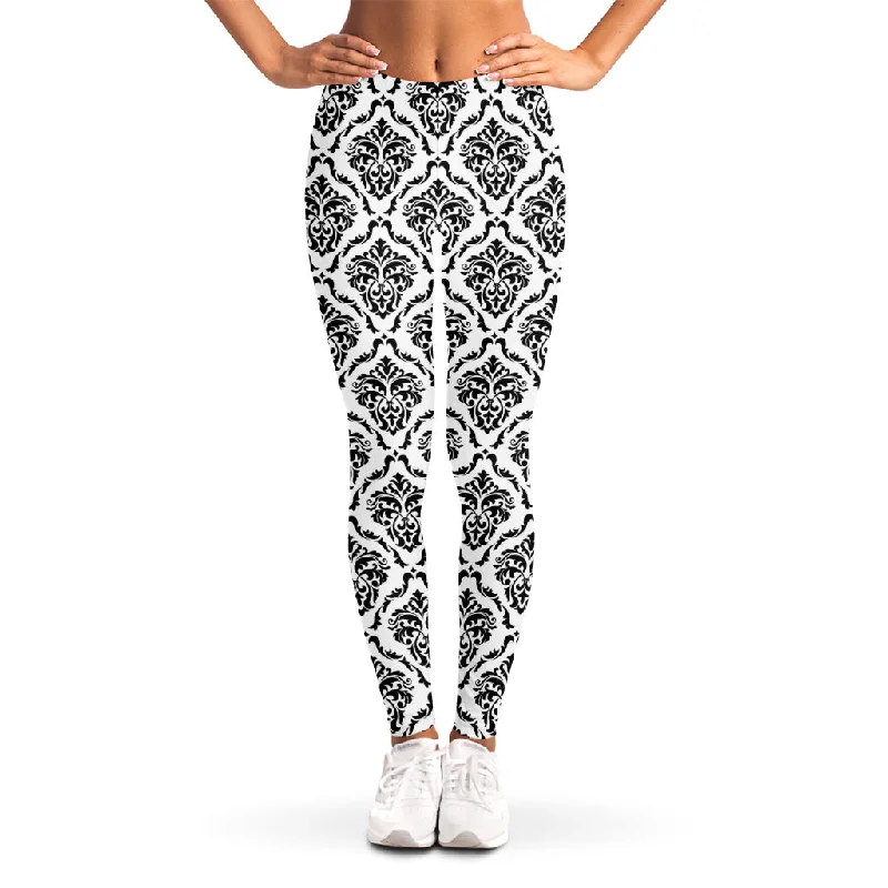 White And Black Damask Pattern Print Women's Leggings Comfortable Tummy Shaping Leggings