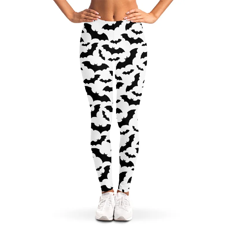 White And Black Halloween Bat Print Women's Leggings