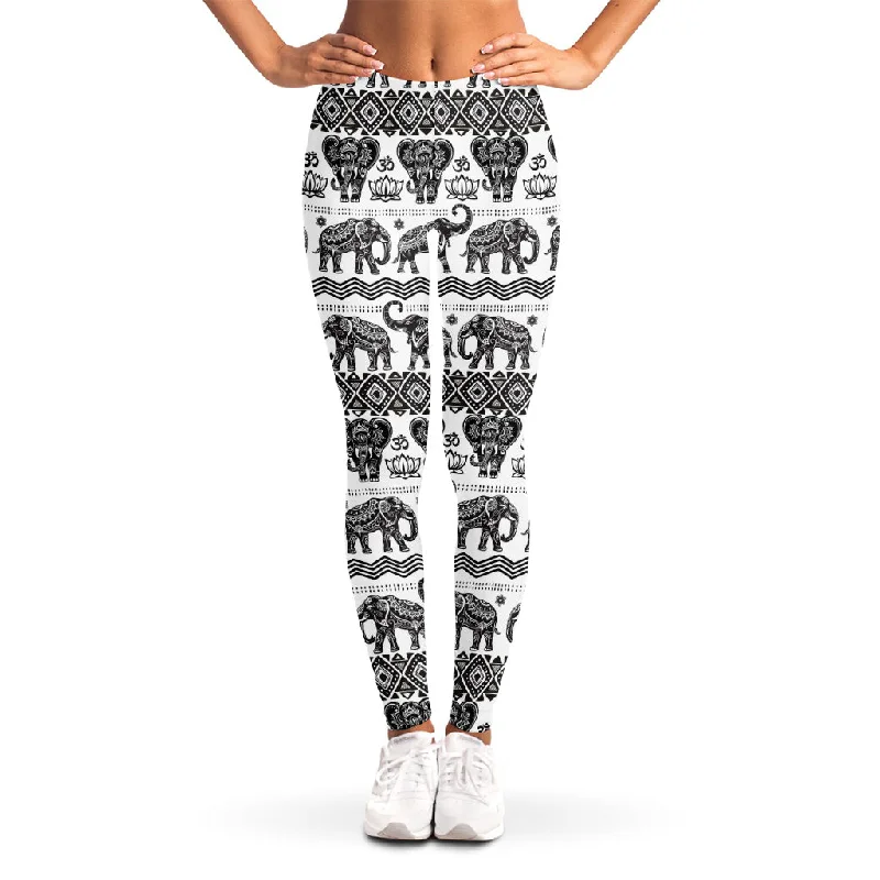 White And Black Indian Elephant Print Women's Leggings Trendy High-Waist Tummy Control Leggings