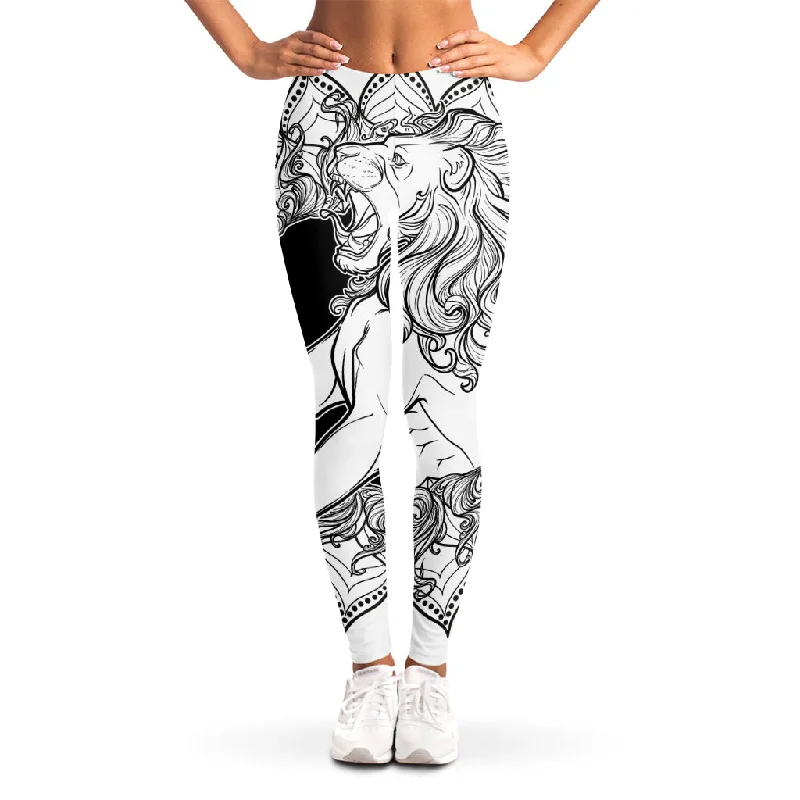 White And Black Leo Sign Print Women's Leggings