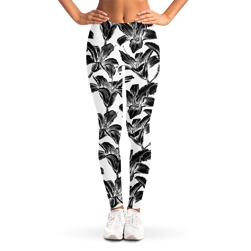 White And Black Lily Pattern Print Women's Leggings