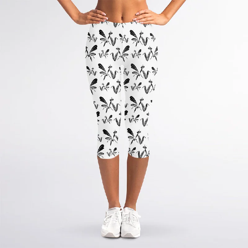 White And Black Mantis Pattern Print Women's Capri Leggings