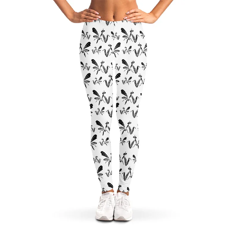 White And Black Mantis Pattern Print Women's Leggings