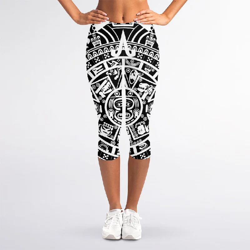 White And Black Maya Calendar Print Women's Capri Leggings