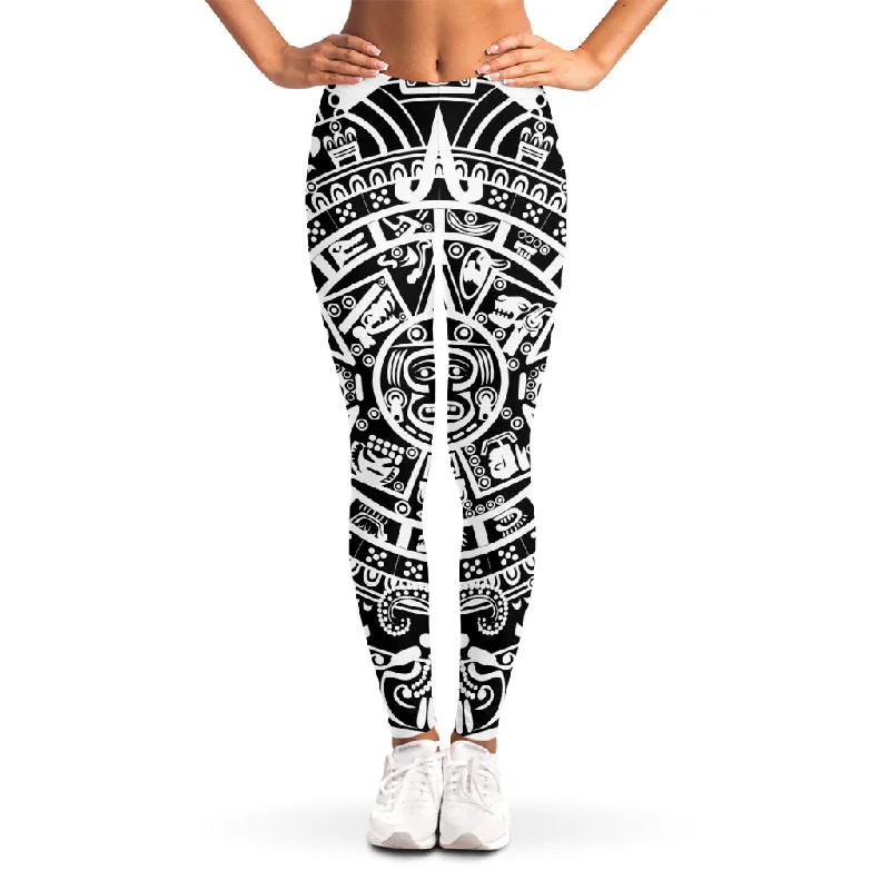 White And Black Maya Calendar Print Women's Leggings