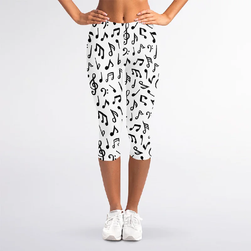 White And Black Music Note Pattern Print Women's Capri Leggings