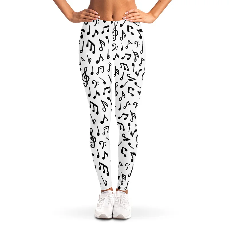 White And Black Music Note Pattern Print Women's Leggings