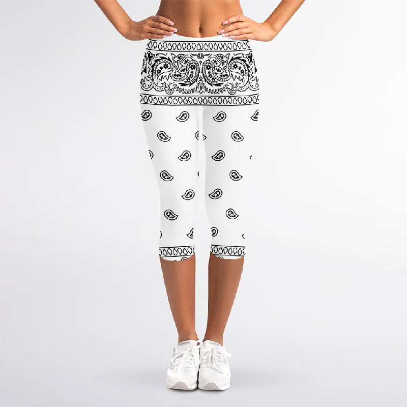 White And Black Paisley Bandana Print Women's Capri Leggings