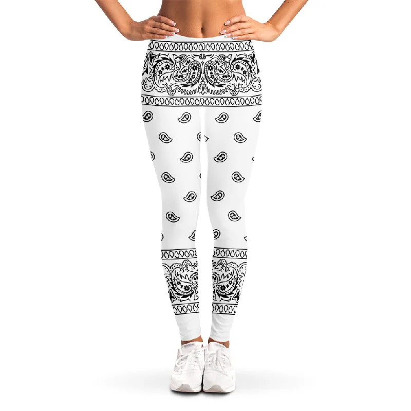 White And Black Paisley Bandana Print Women's Leggings