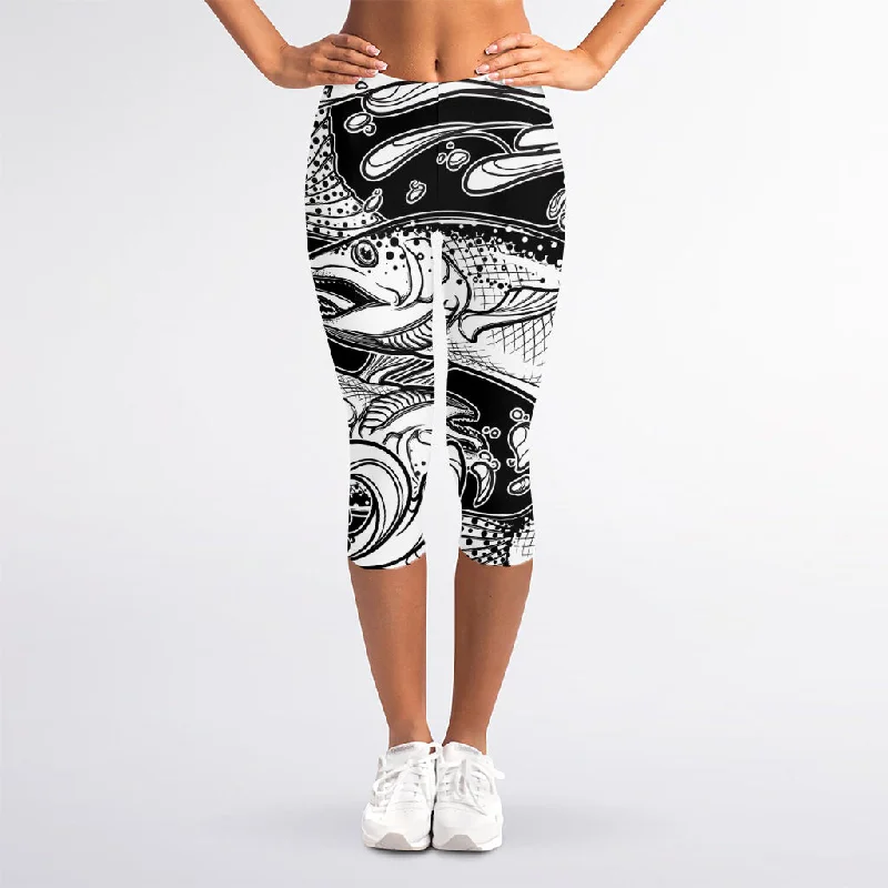 White And Black Pisces Sign Print Women's Capri Leggings