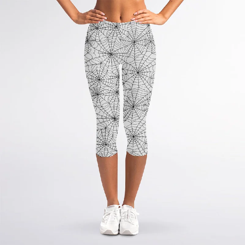 White And Black Spider Web Pattern Print Women's Capri Leggings