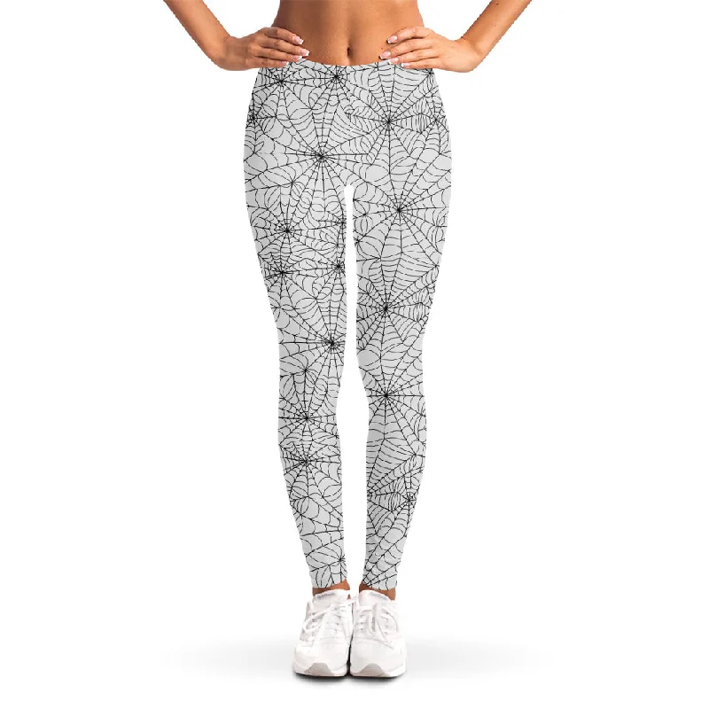 White And Black Spider Web Pattern Print Women's Leggings