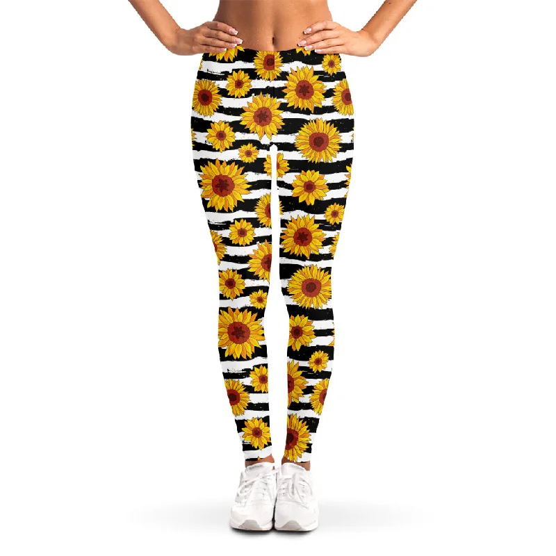 White And Black Stripe Sunflower Print Women's Leggings