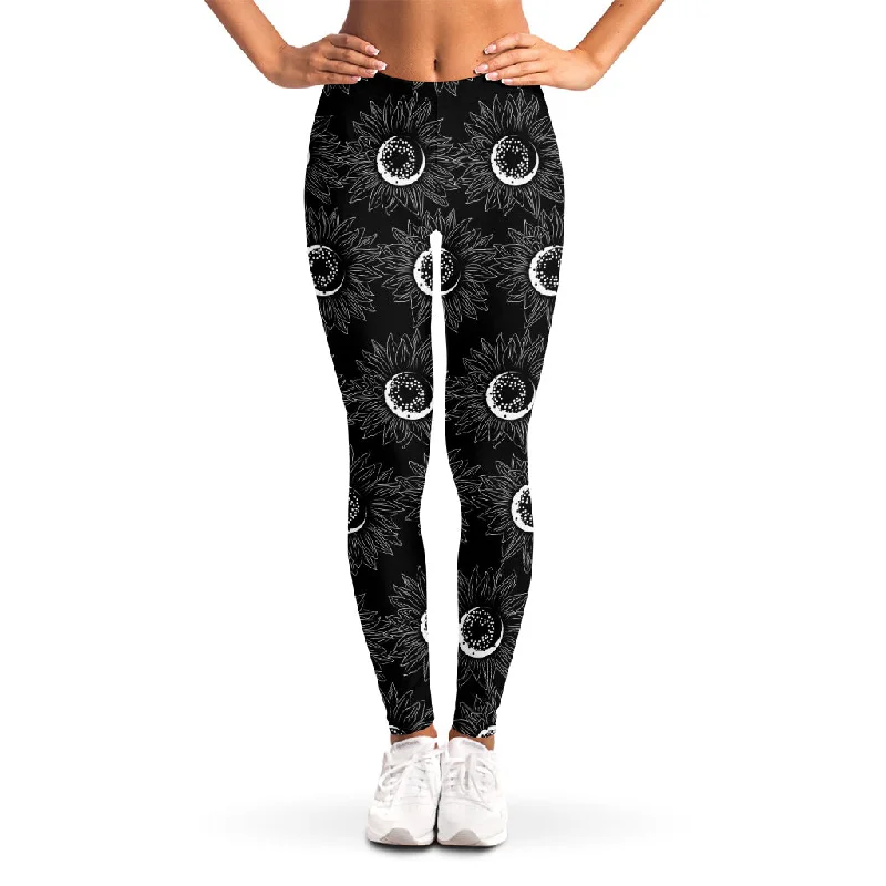 White And Black Sunflower Pattern Print Women's Leggings