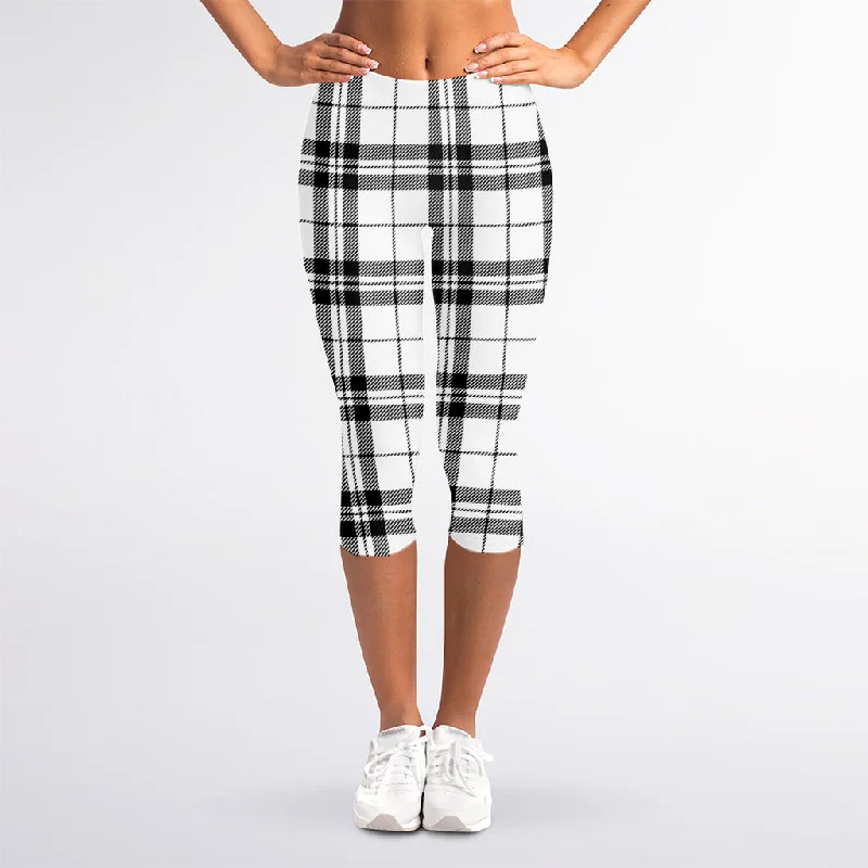 White And Black Tartan Pattern Print Women's Capri Leggings