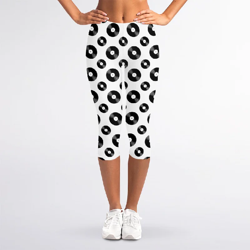 White And Black Vinyl Pattern Print Women's Capri Leggings