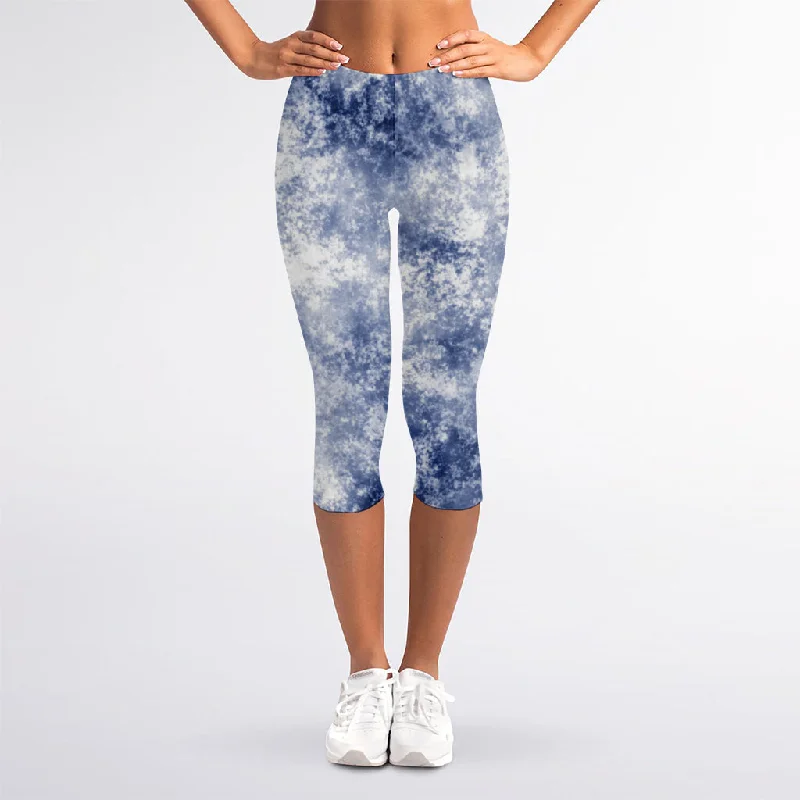 White And Blue Acid Wash Tie Dye Print Women's Capri Leggings