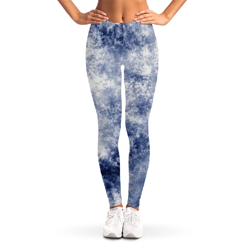 White And Blue Acid Wash Tie Dye Print Women's Leggings