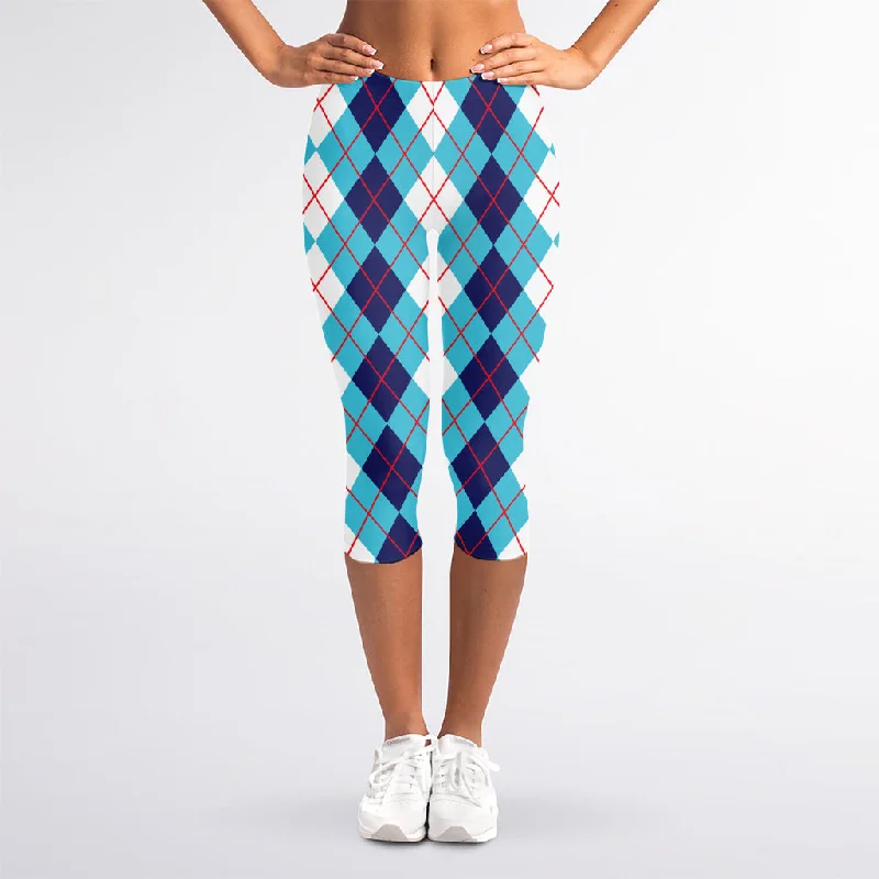 White And Blue Argyle Pattern Print Women's Capri Leggings