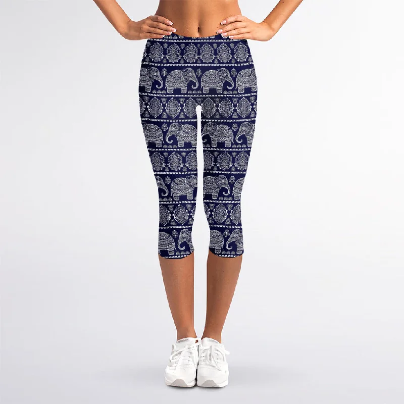 White And Blue Indian Elephant Print Women's Capri Leggings