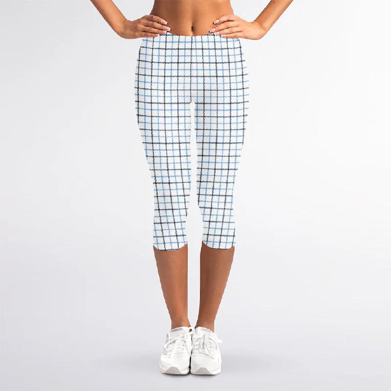 White And Blue Tattersall Pattern Print Women's Capri Leggings