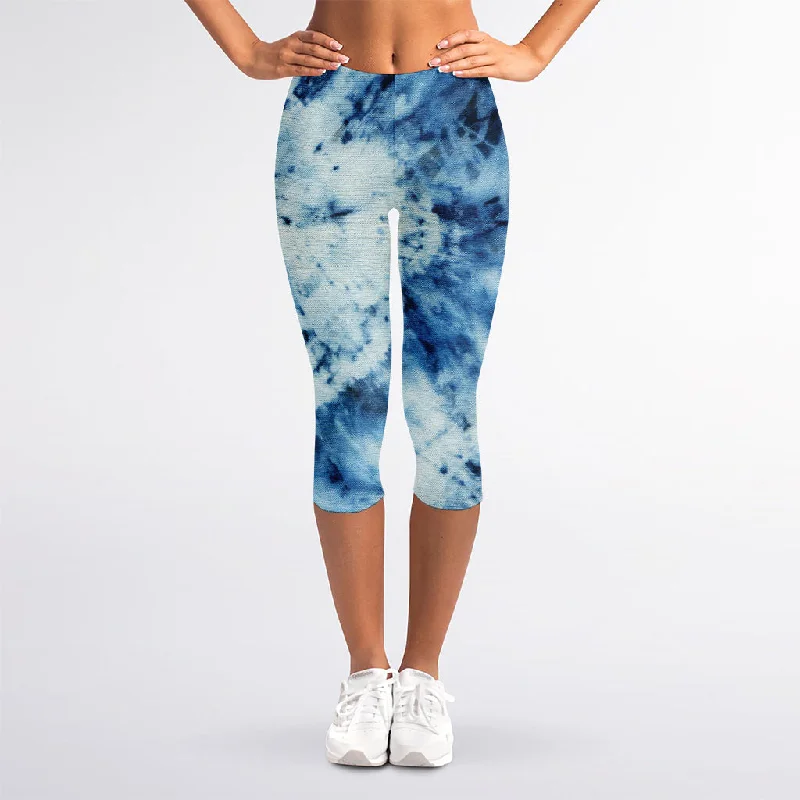 White And Blue Tie Dye Print Women's Capri Leggings