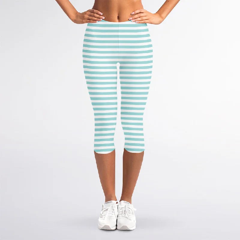 White And Cyan Striped Pattern Print Women's Capri Leggings